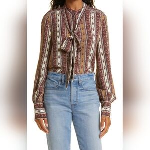 Veronica Beard Paisley-Stripe Tie-Neck Blouse in Burgundy, Cream & Tan